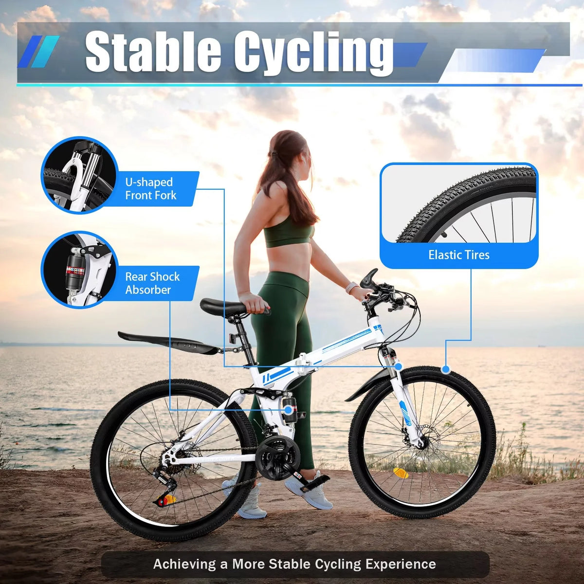 Folding Mountain Bike 21-speed Blue and White U1663