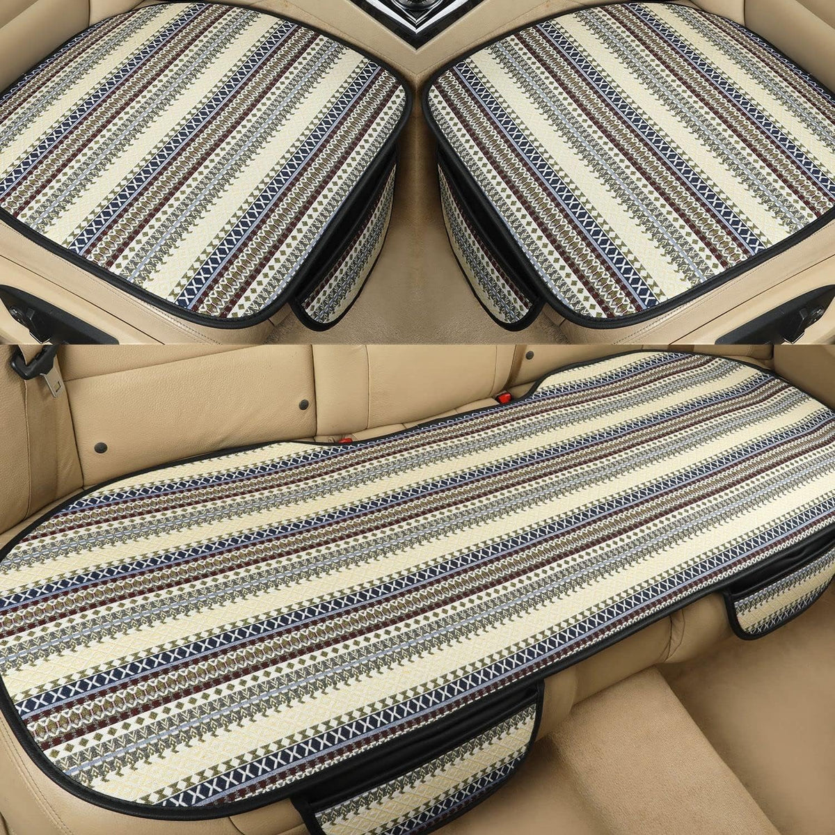 3 Packs Baja Fabric Bottom Car Seat Covers with Front Protectors and Rear Bench Seat Cover (Yellow Stripe) A803