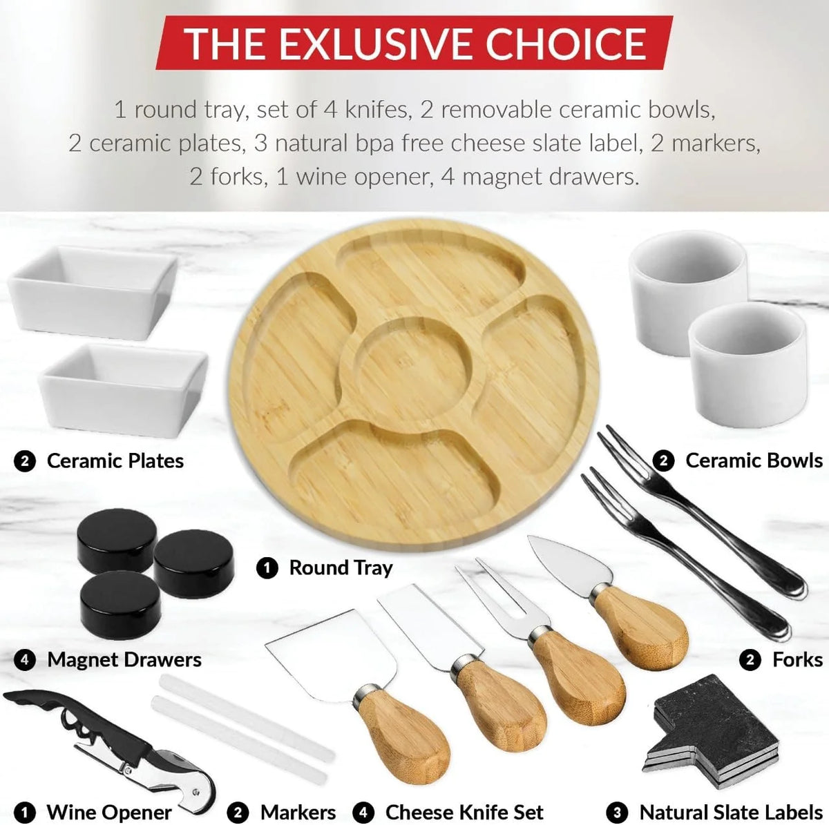 Large Charcuterie Board Set with 2 Ceramic Bowls & Plates, 4 Magnetic Drawers Bamboo Cheese Knife Set, Round Tray I6574
