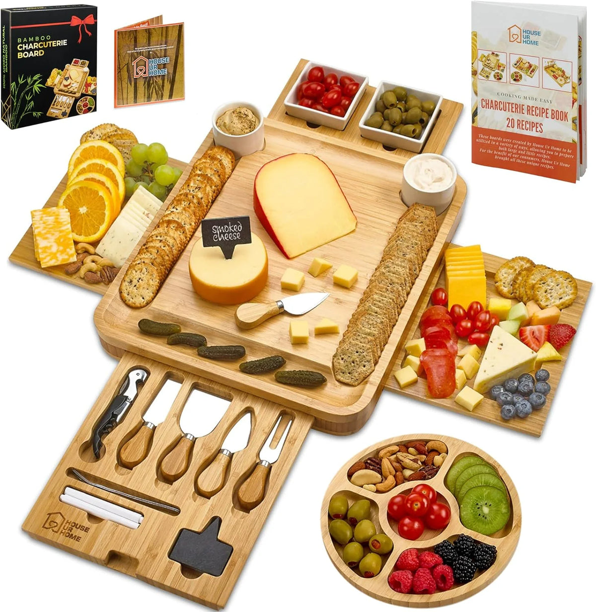 Large Charcuterie Board Set with 2 Ceramic Bowls & Plates, 4 Magnetic Drawers Bamboo Cheese Knife Set, Round Tray I6574