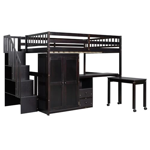 Gray Twin Size Wood Loft Bed with Stairs and Bookshelf N248283