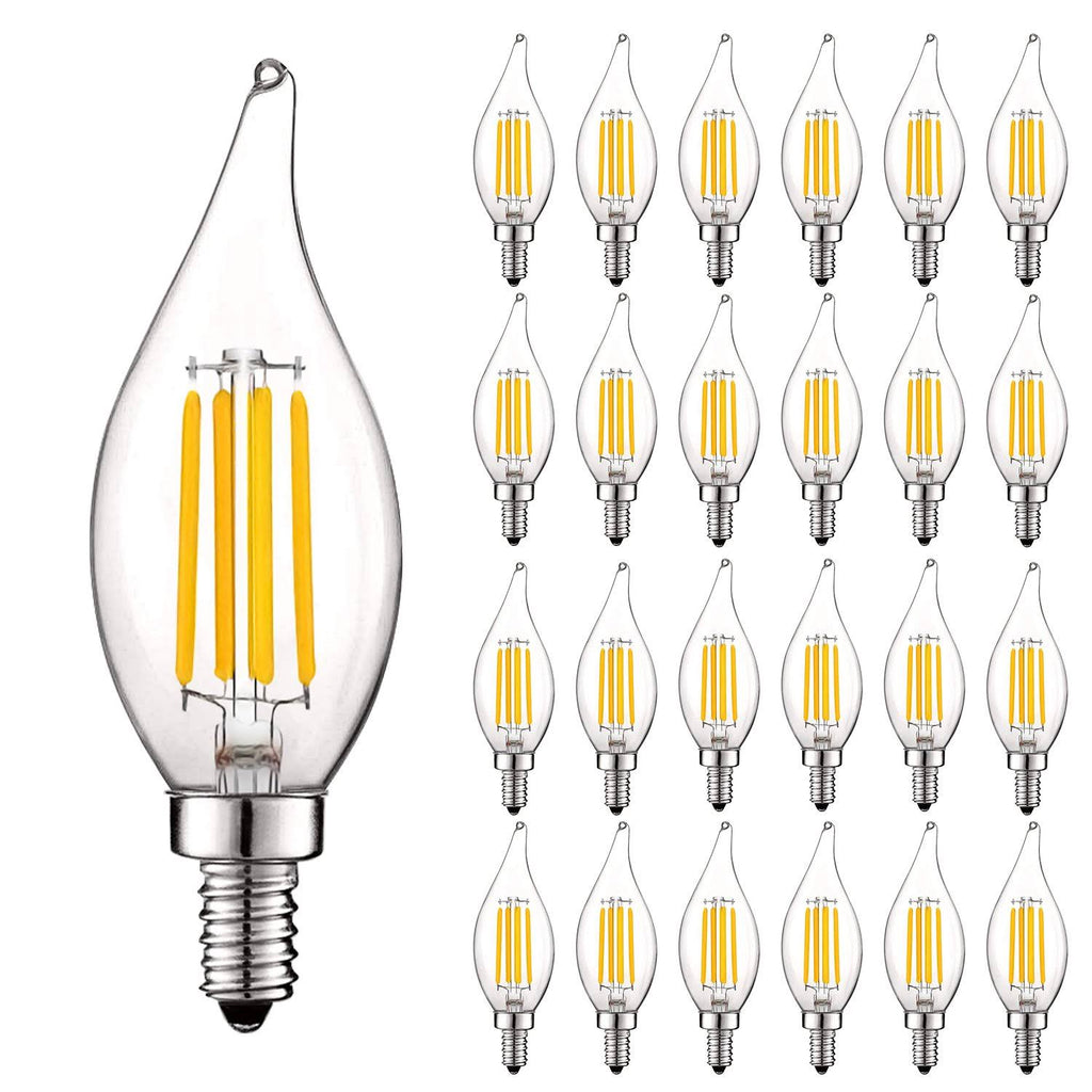 24 Pack Dimmable LED Bulb, 550 Lumens, 3000K Soft White, Flame Tip Clear Glass D55153