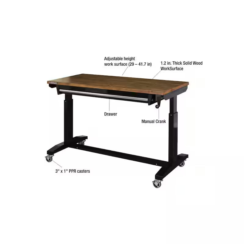 52 in. W Steel 1-Drawer Adjustable Height Workbench with Wood Top U3195