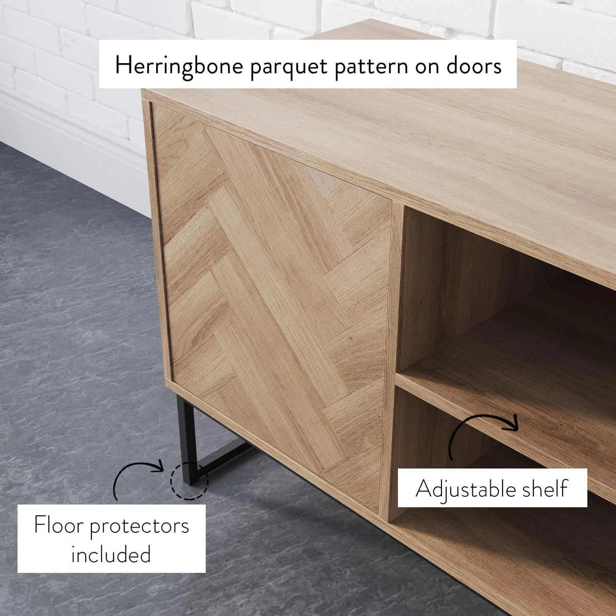 Gray Black Herringbone Pattern Wood Metal Media Console Cabinet G9408