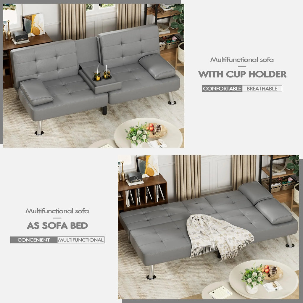 Convertible Folding Futon Sofa Bed Sleeper Couch, Faux Leather, Gray M53341
