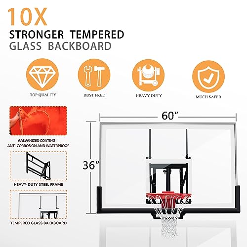 Basketball Hoop Wall Mounted Adjustable-Height with 60''x36'' Tempered Glass Backboard Breakaway Rim and Net X74580