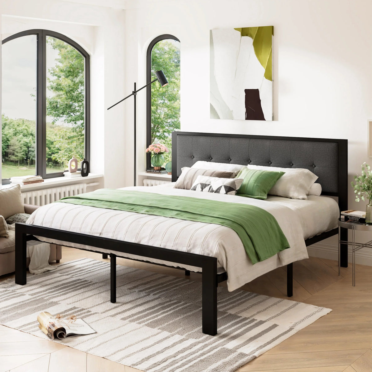 Black King Size Metal Platform Bed Frame with Fabric Headboard B692