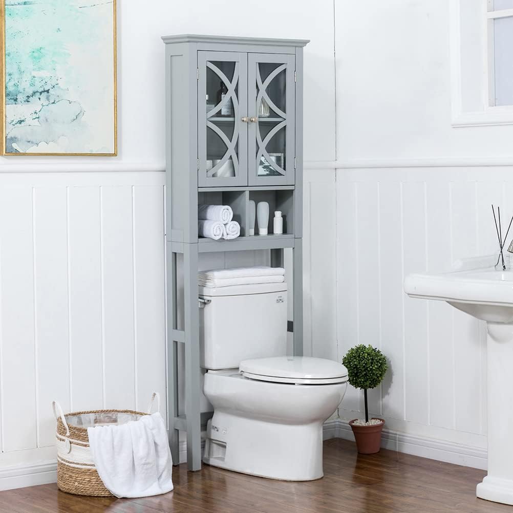 Grey Wooden Storage Cabinet with Double Doors and Drawer N543