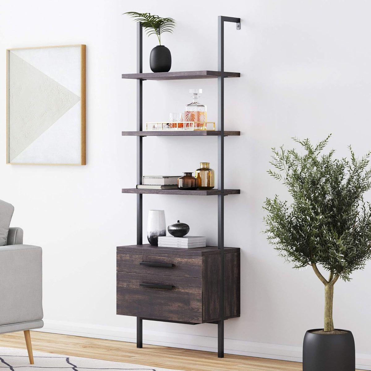 White/Gold 5-Shelf Ladder Bookcase P7729