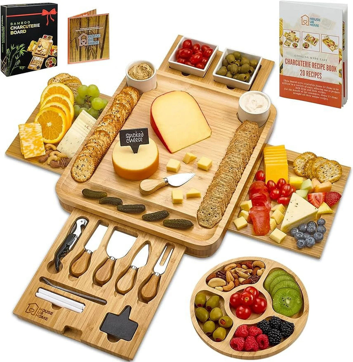 Large Charcuterie Board Set with 2 Ceramic Bowls & Plates, 4 Magnetic Drawers Bamboo Cheese Knife Set, Round Tray I6574