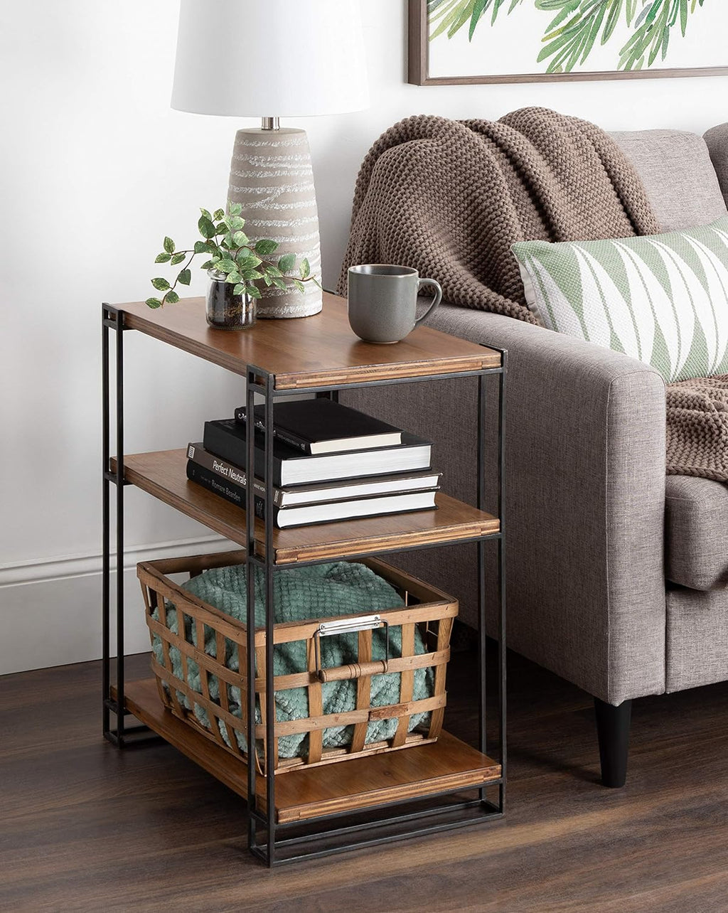 Rustic Caramel Brown Wood and Metal Side Table with Three Shelves D12397