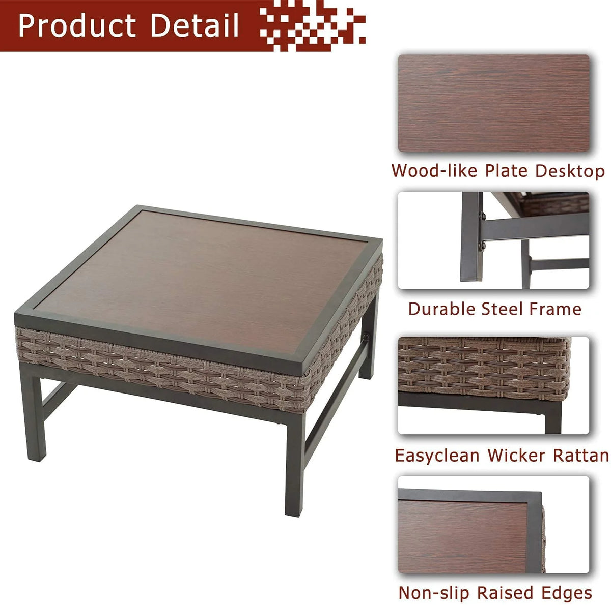 Patio Side End Coffee Table with Metal Steel Frame Wood Grain Desktop Rattan Wicker E7084