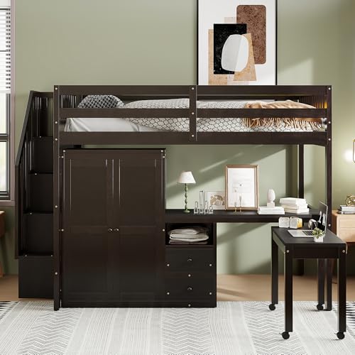 Gray Twin Size Wood Loft Bed with Stairs and Bookshelf N248283