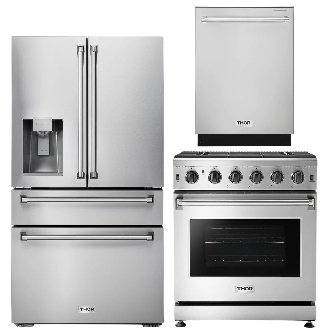 30 in. Natural Gas Range, 36 in. Refrigerator with Water and Ice Dispenser & 24 in. Dishwasher W9747