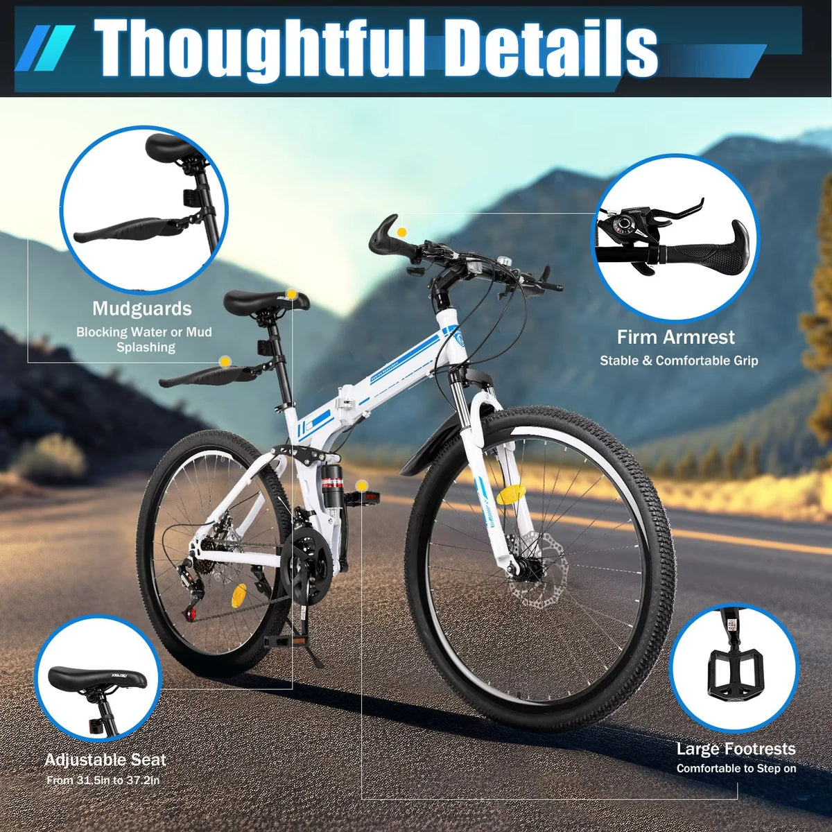 Folding Mountain Bike 21-speed Blue and White U1663