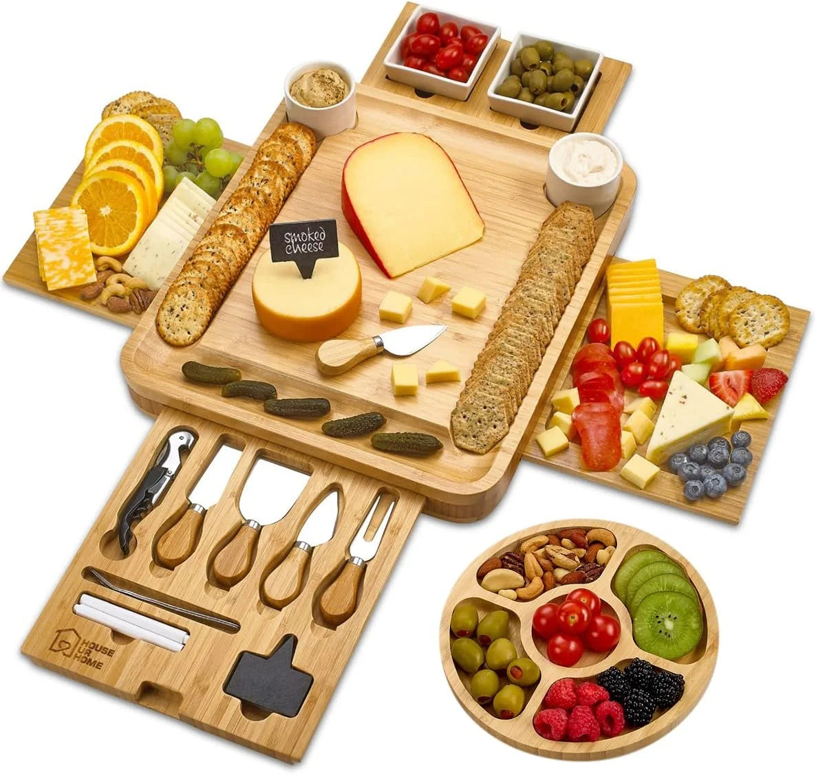 Large Charcuterie Board Set with 2 Ceramic Bowls & Plates, 4 Magnetic Drawers Bamboo Cheese Knife Set, Round Tray I6574