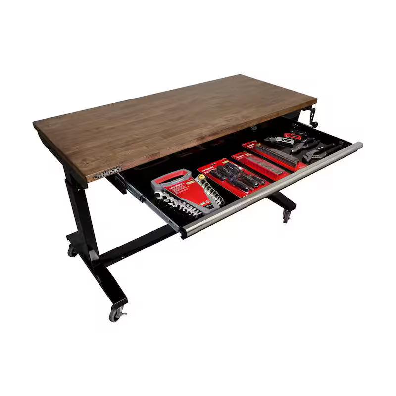 52 in. W Steel 1-Drawer Adjustable Height Workbench with Wood Top U3195