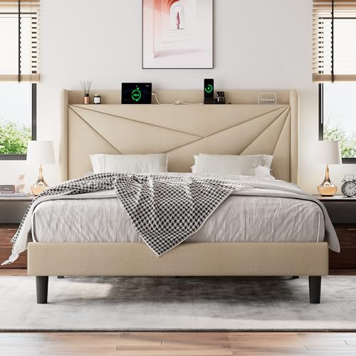 White Full Size Upholstered Platform Bed Frame with Storage Headboard I126483