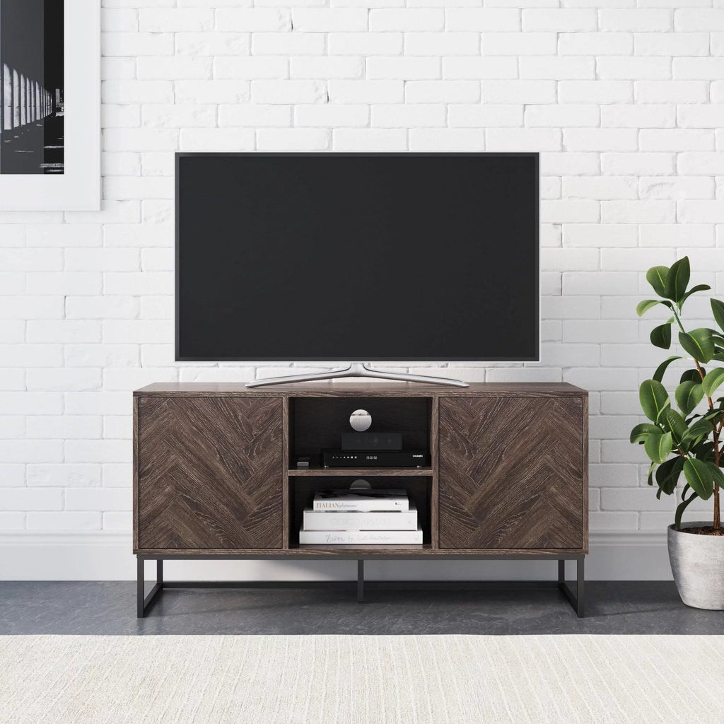 Gray Black Herringbone Pattern Wood Metal Media Console Cabinet G9408