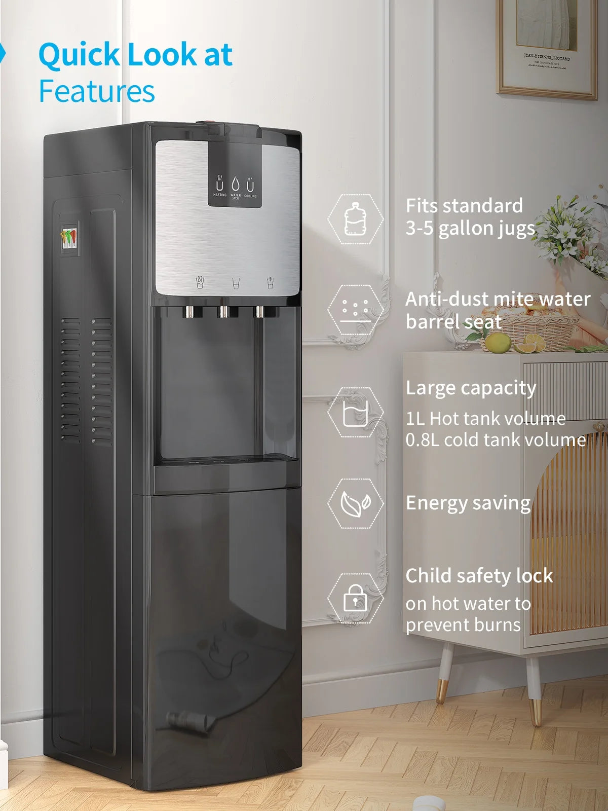 Bottom Loading Water Dispenser, Hot/Cold/Room Temperature, 3 or 5 Gallon, Black N2840