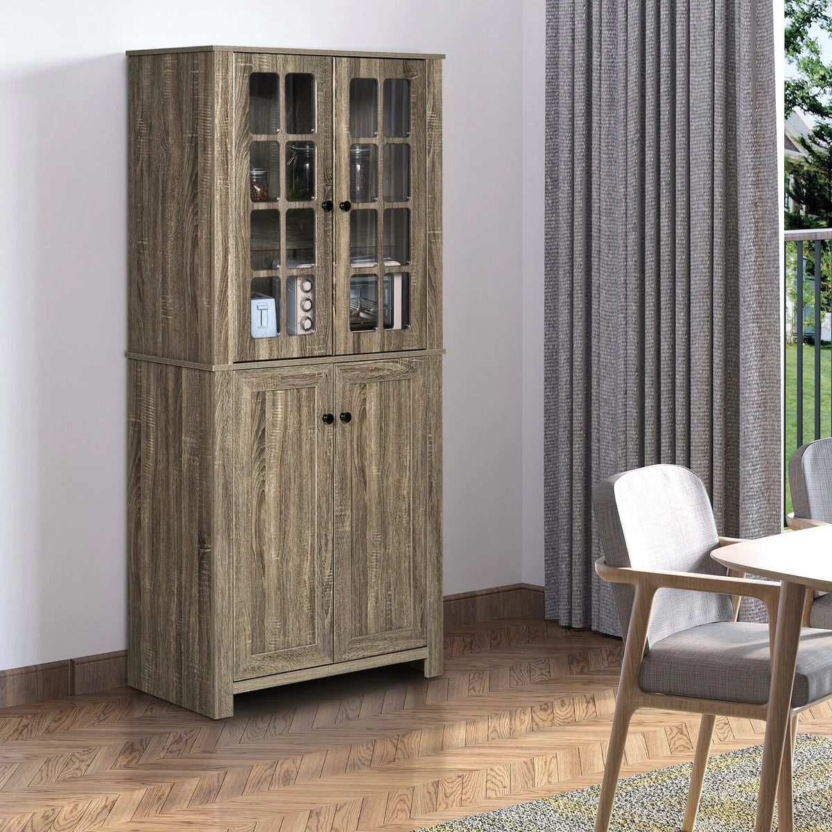 Kitchen Pantry Storage Cabinet with Glass Doors Y173674