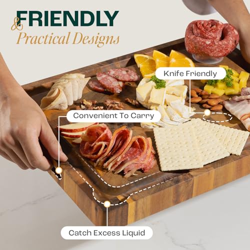 20''Lx15''Wx1.5” Thick Acacia Wood Cutting Board with Juice Grooves and Handle T134