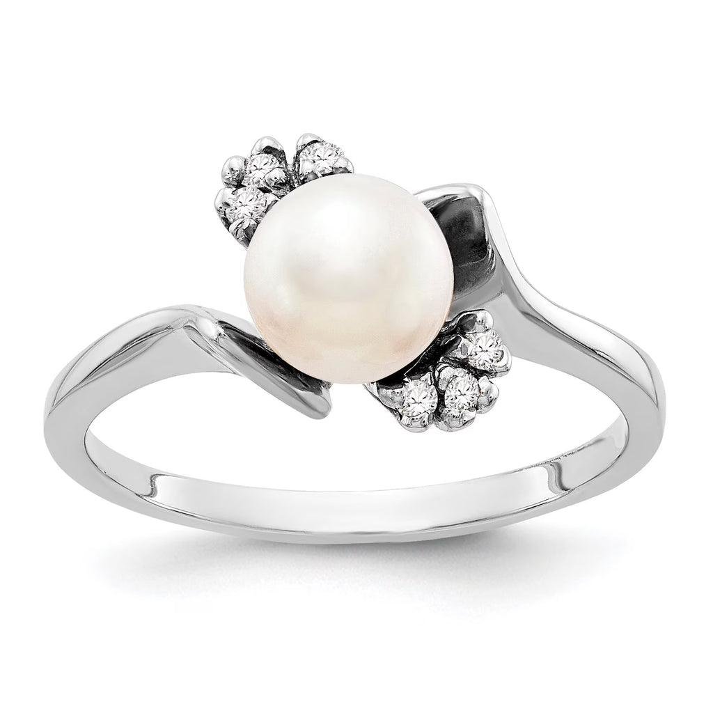 14k White Gold 6mm FW Cultured Pearl AAA Real Diamond Ring N227438