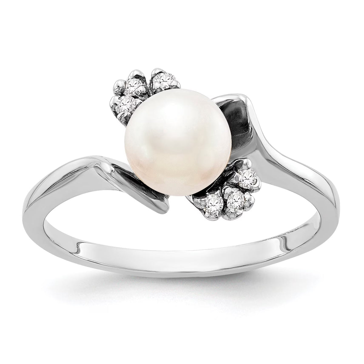 14k White Gold 6mm FW Cultured Pearl AAA Real Diamond Ring N227438