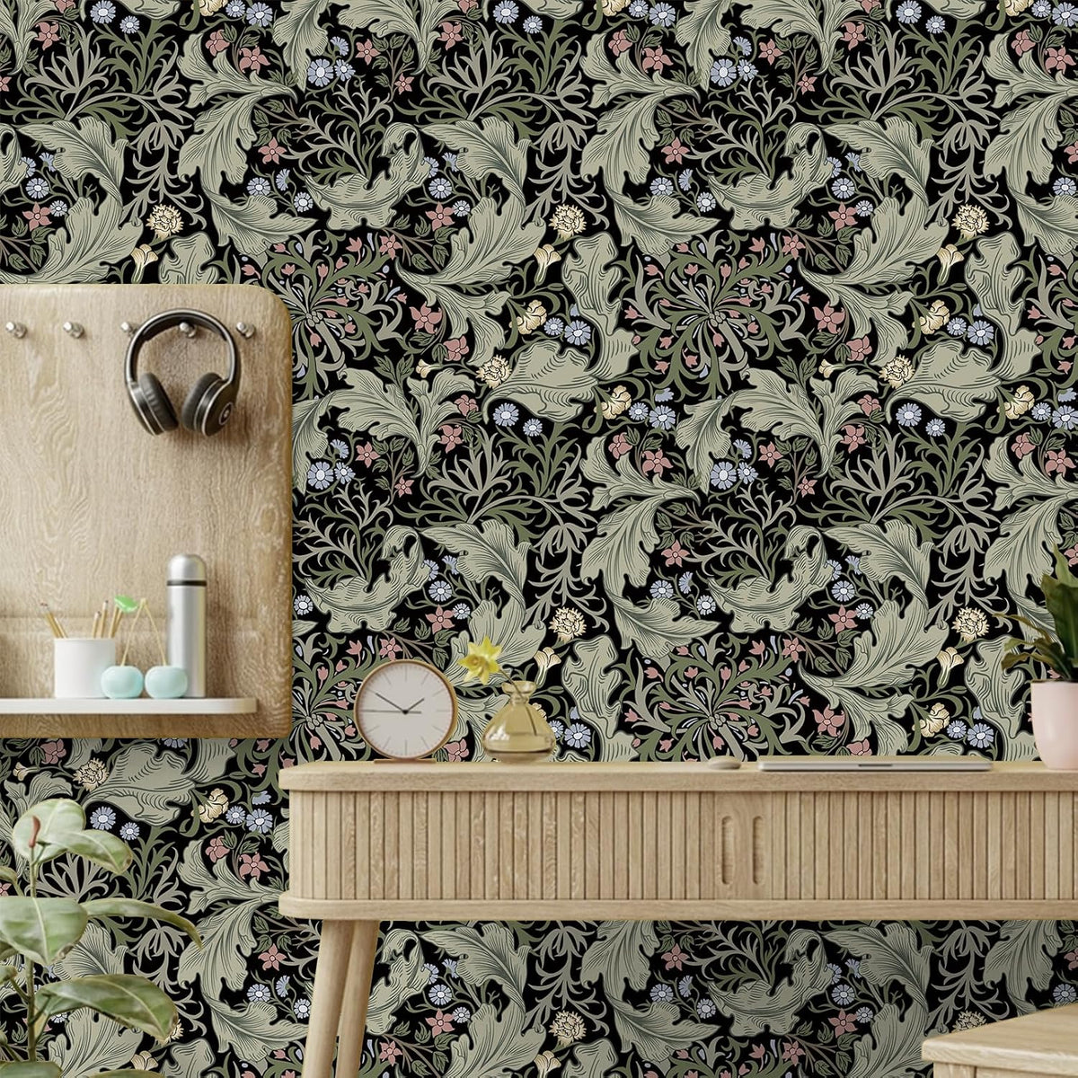 Vintage Green Leaf Floral Peel and Stick Wallpaper 17.7in×118in C39858