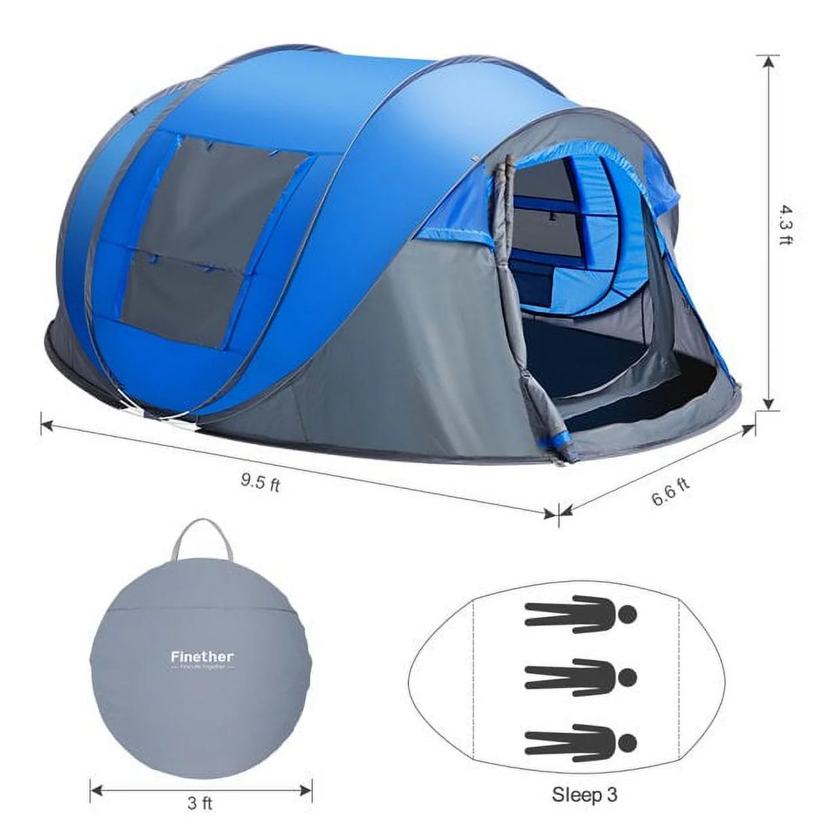 4 Person Pop up Tent Waterproof 2 Doors Y87897