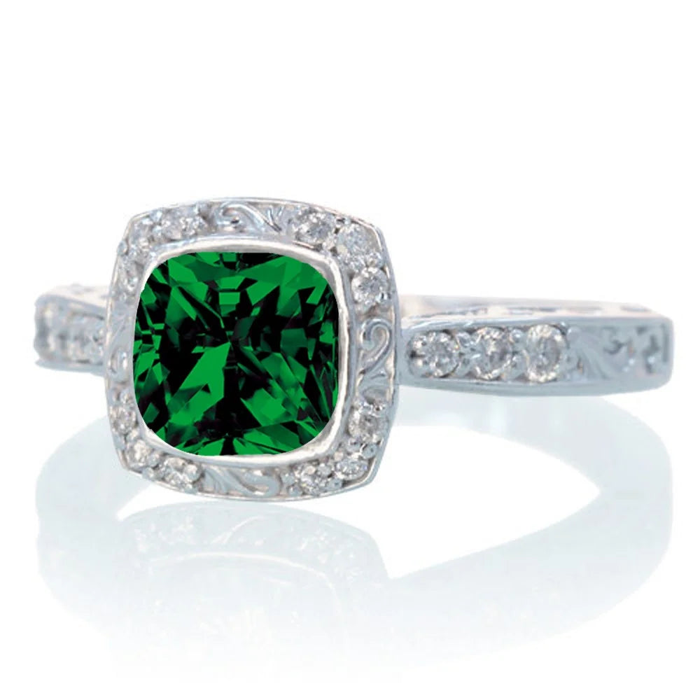 Vintage Emerald and Diamond Halo Wedding Ring on 10k White Gold F41190