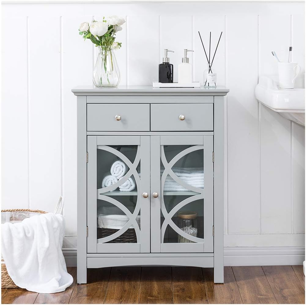 Grey Wooden Storage Cabinet with Double Doors and Drawer N543