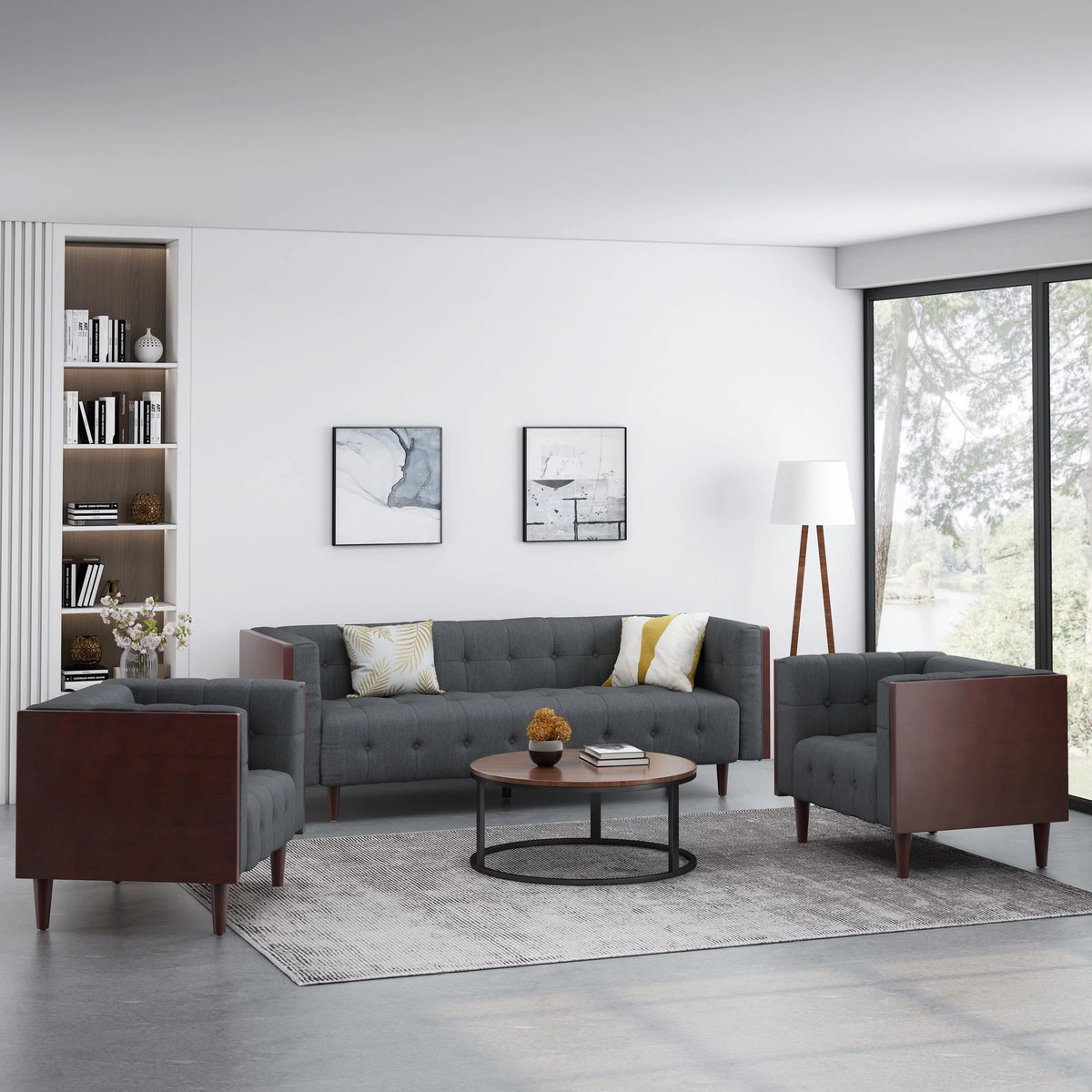 Charcoal and Brown Fabric 5-Seater Living Room Set B9015