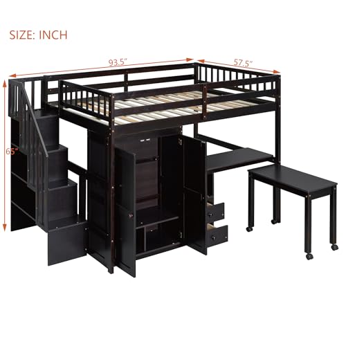 Gray Twin Size Wood Loft Bed with Stairs and Bookshelf N248283