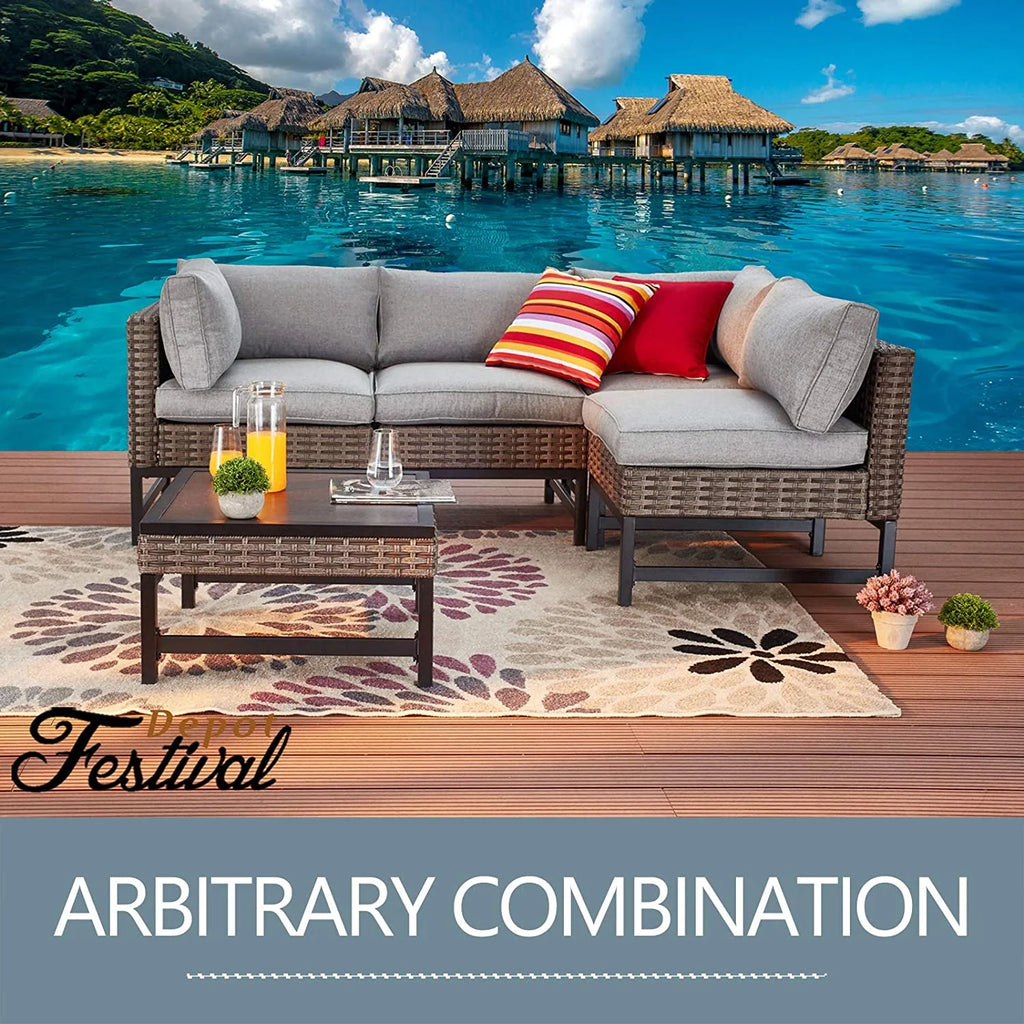 Patio Side End Coffee Table with Metal Steel Frame Wood Grain Desktop Rattan Wicker E7084