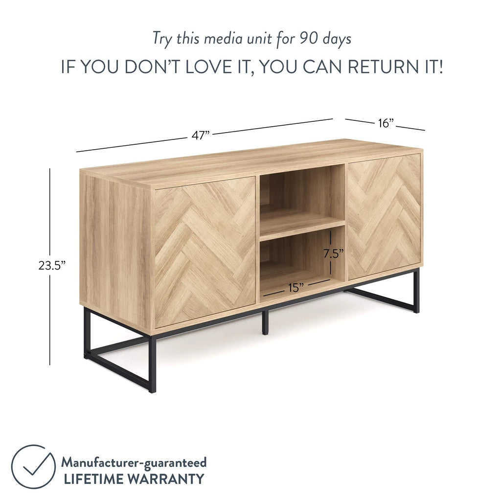 Gray Black Herringbone Pattern Wood Metal Media Console Cabinet G9408