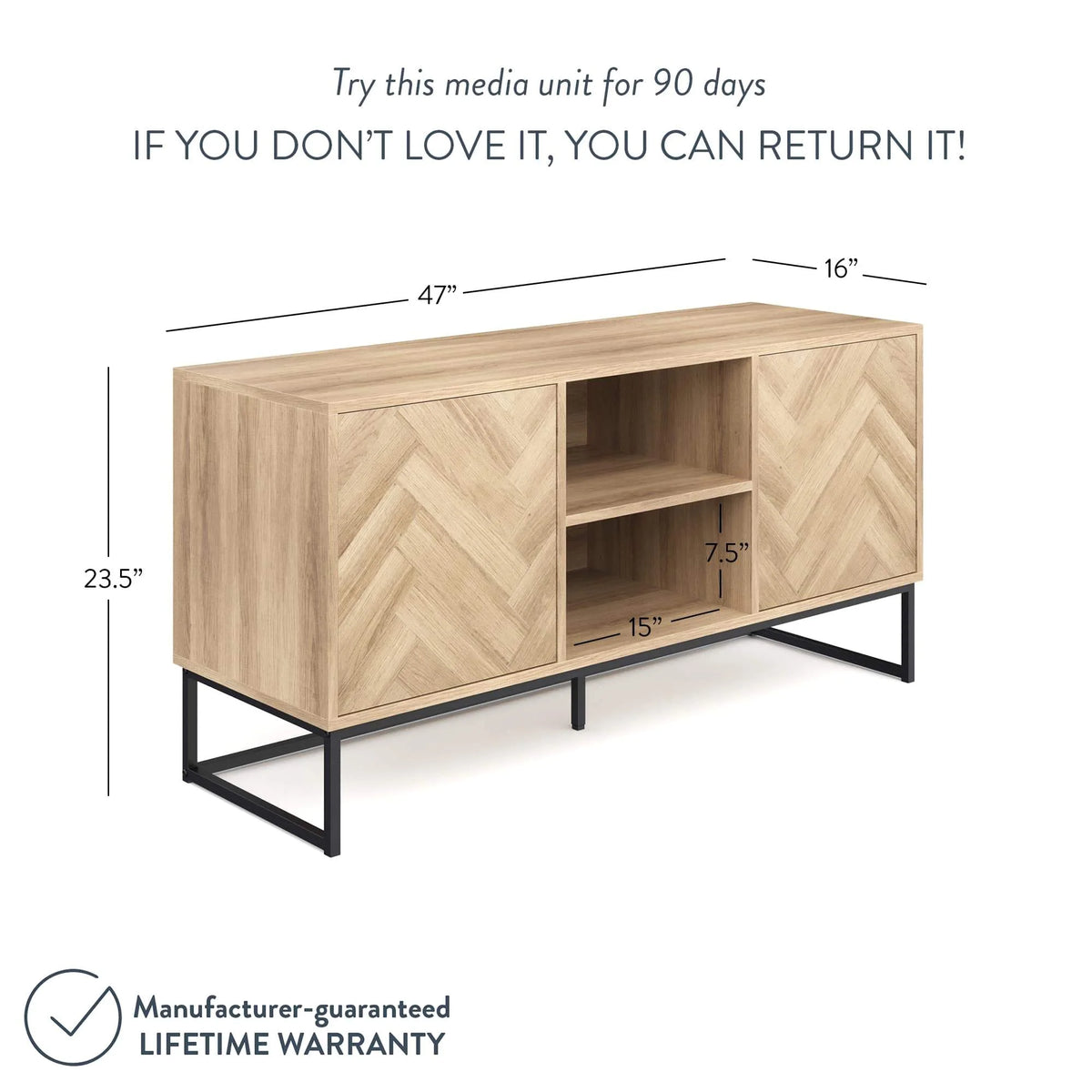 Gray Black Herringbone Pattern Wood Metal Media Console Cabinet G9408