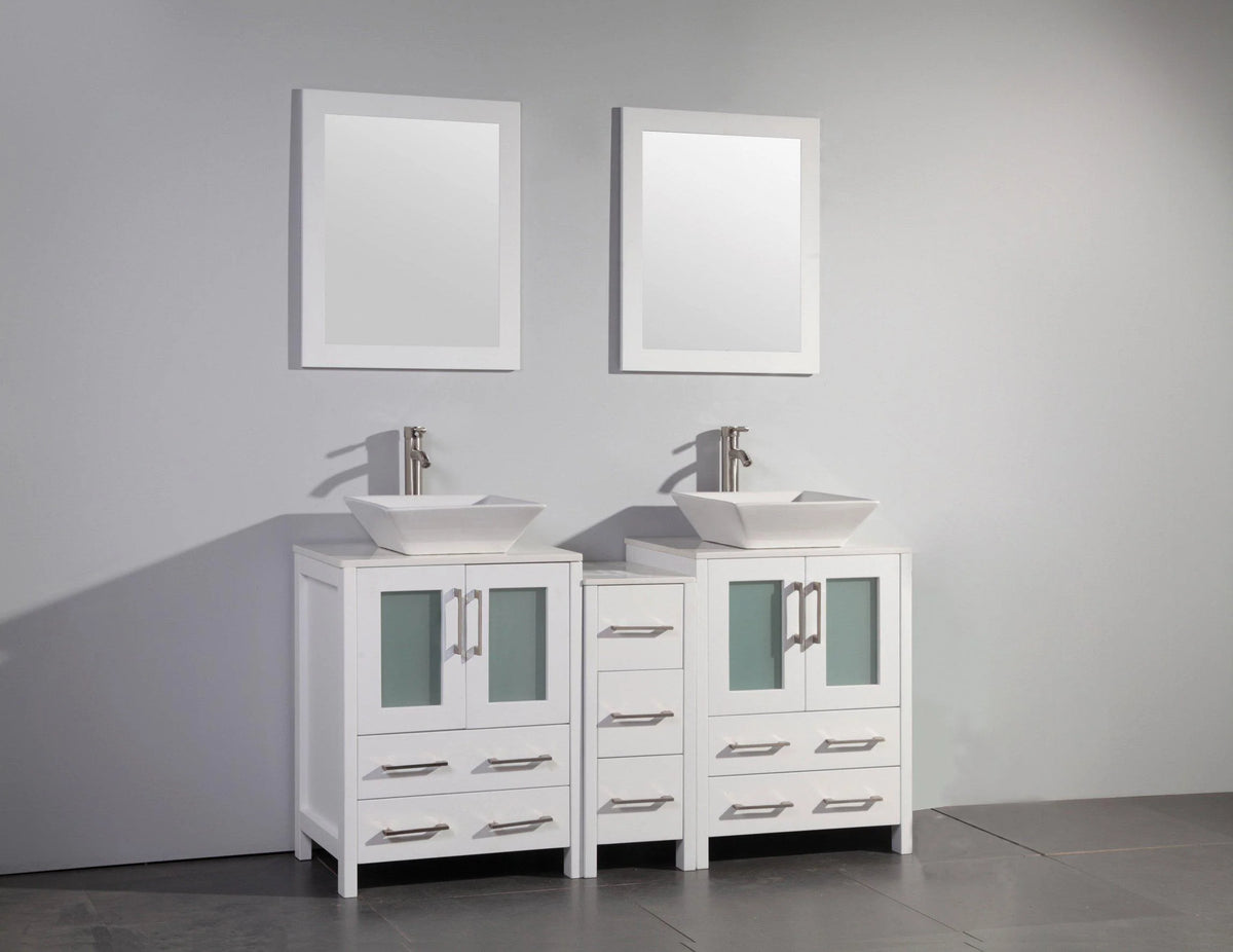 60 in. White Double Sink Vanity Cabinet with Ceramic Vessel Sink & Mirror W504