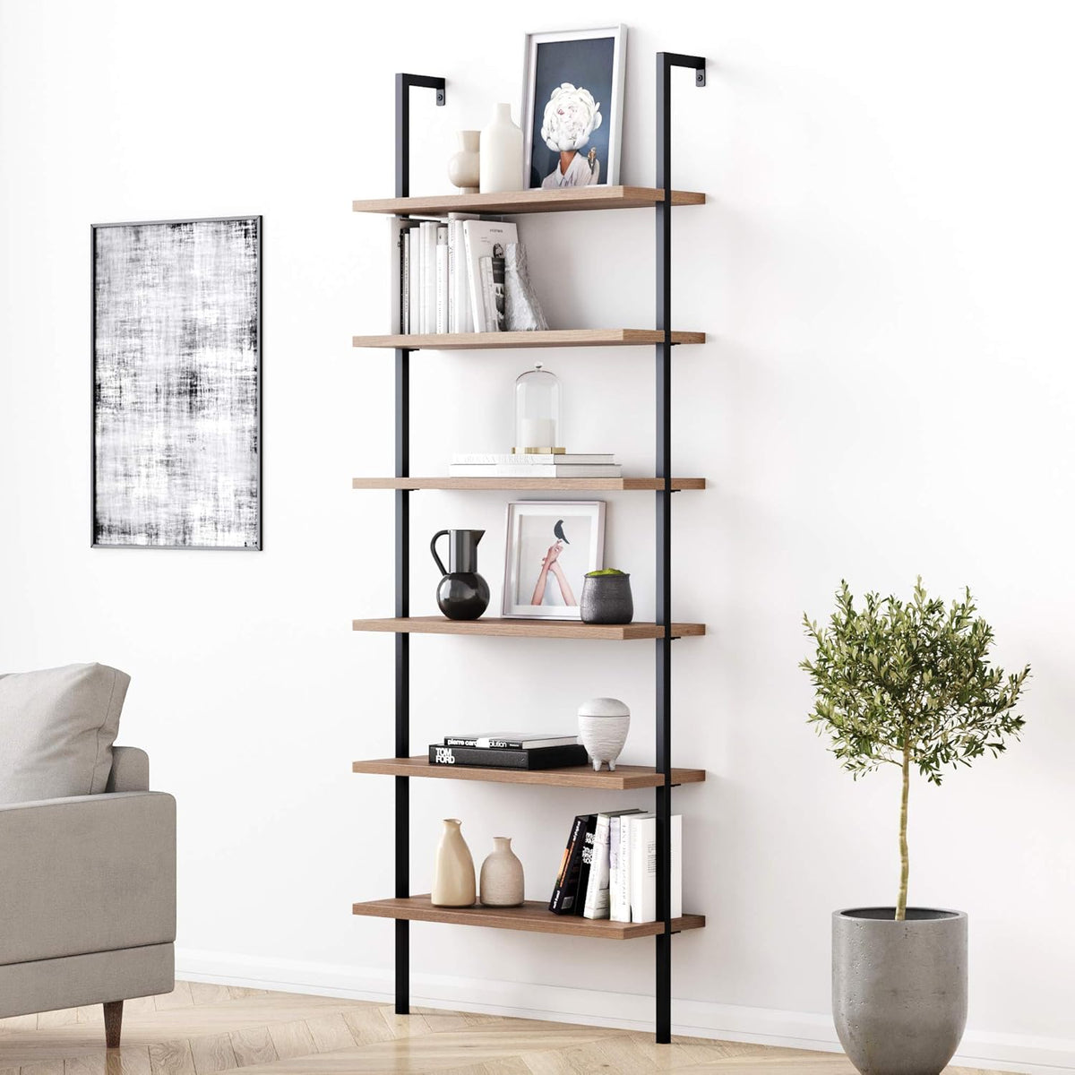 White/Gold 5-Shelf Ladder Bookcase P7729