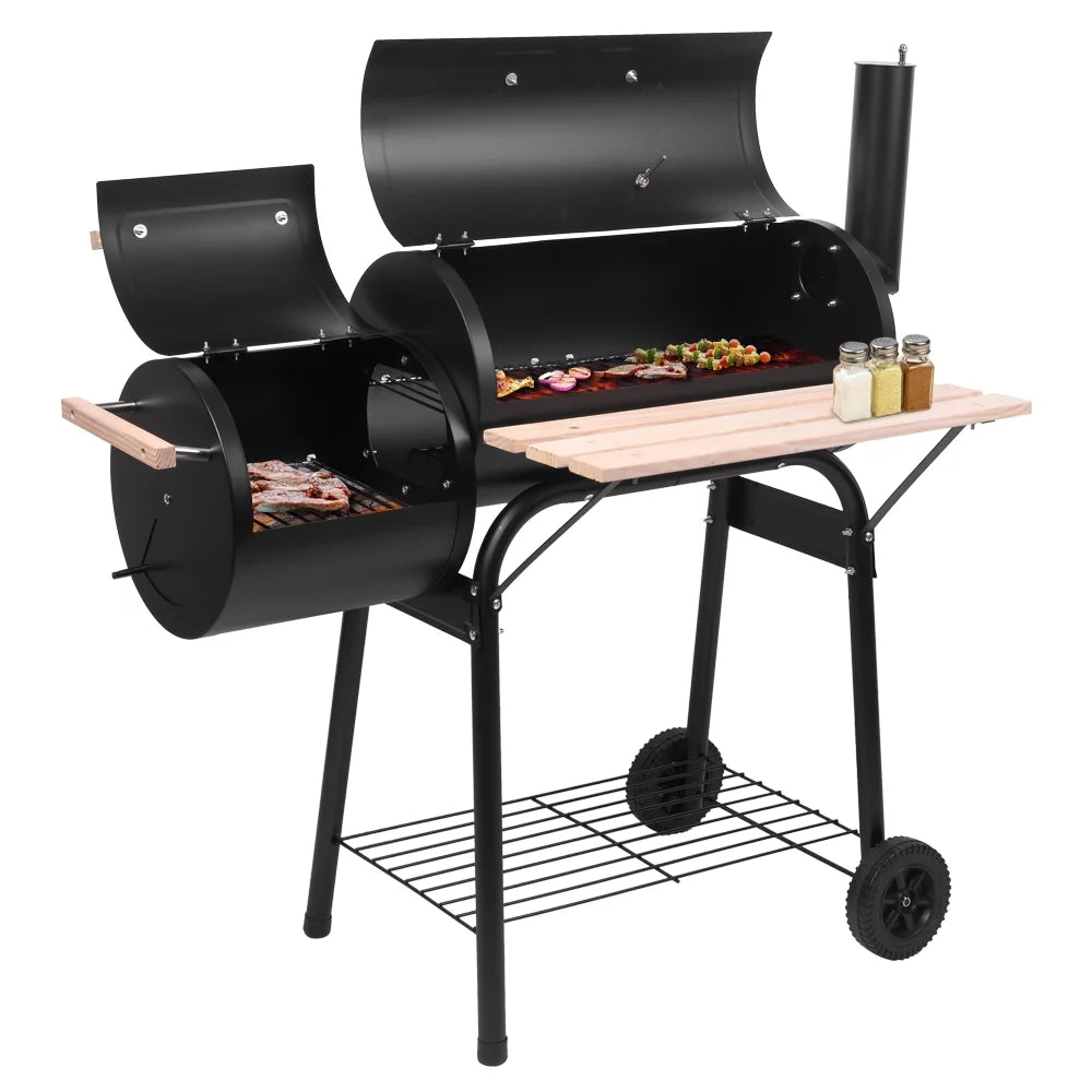 Portable Charcoal Grill and Offset Smoker with Thermometer P176446