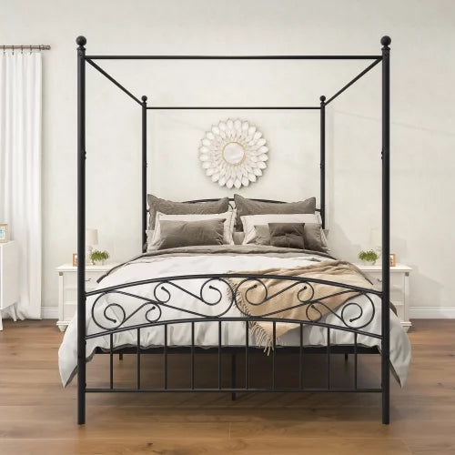 Queen Size Canopy Bed Frame with Headboard & Footboard Black Y1090