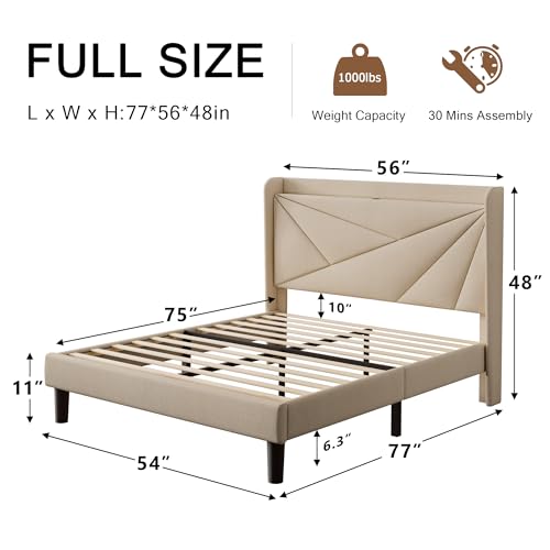 White Full Size Upholstered Platform Bed Frame with Storage Headboard I126483