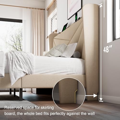 White Full Size Upholstered Platform Bed Frame with Storage Headboard I126483