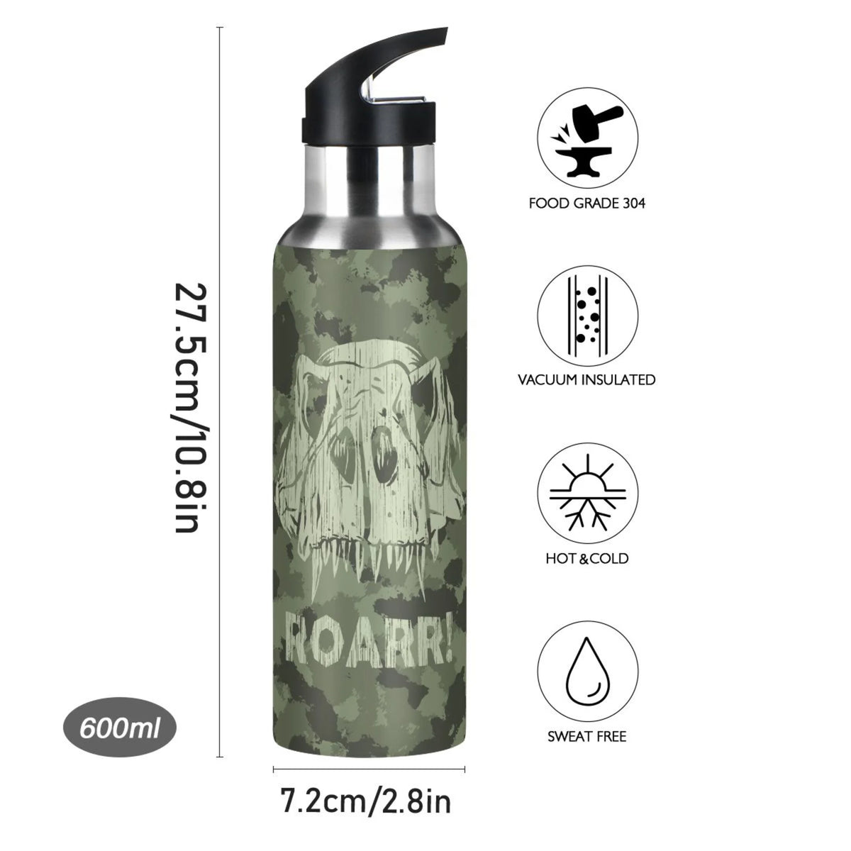 Green Camouflage Dinosaurs Stainless Steel Water Bottle with Straw Lid 20 OZ D836228