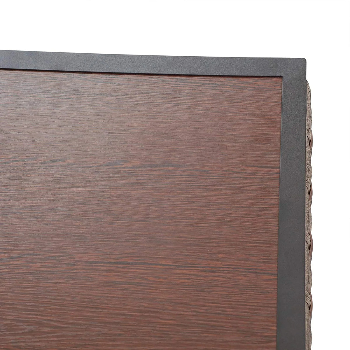 Patio Side End Coffee Table with Metal Steel Frame Wood Grain Desktop Rattan Wicker E7084