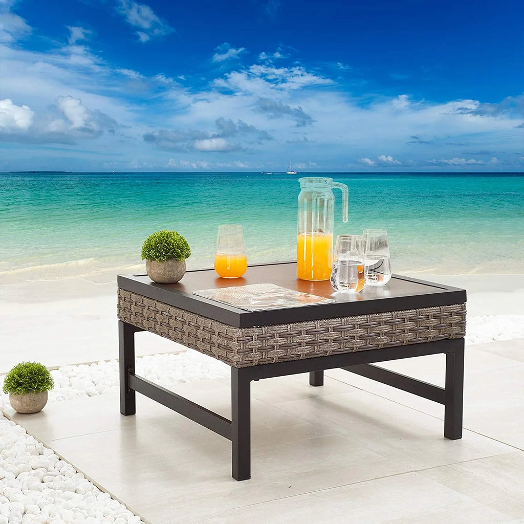 Patio Side End Coffee Table with Metal Steel Frame Wood Grain Desktop Rattan Wicker E7084