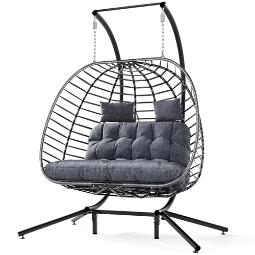 Double Egg Swing Chair with Stand, 2 Person Hanging Wicker Hammock Chairs with Cushion, Dark Grey Z611