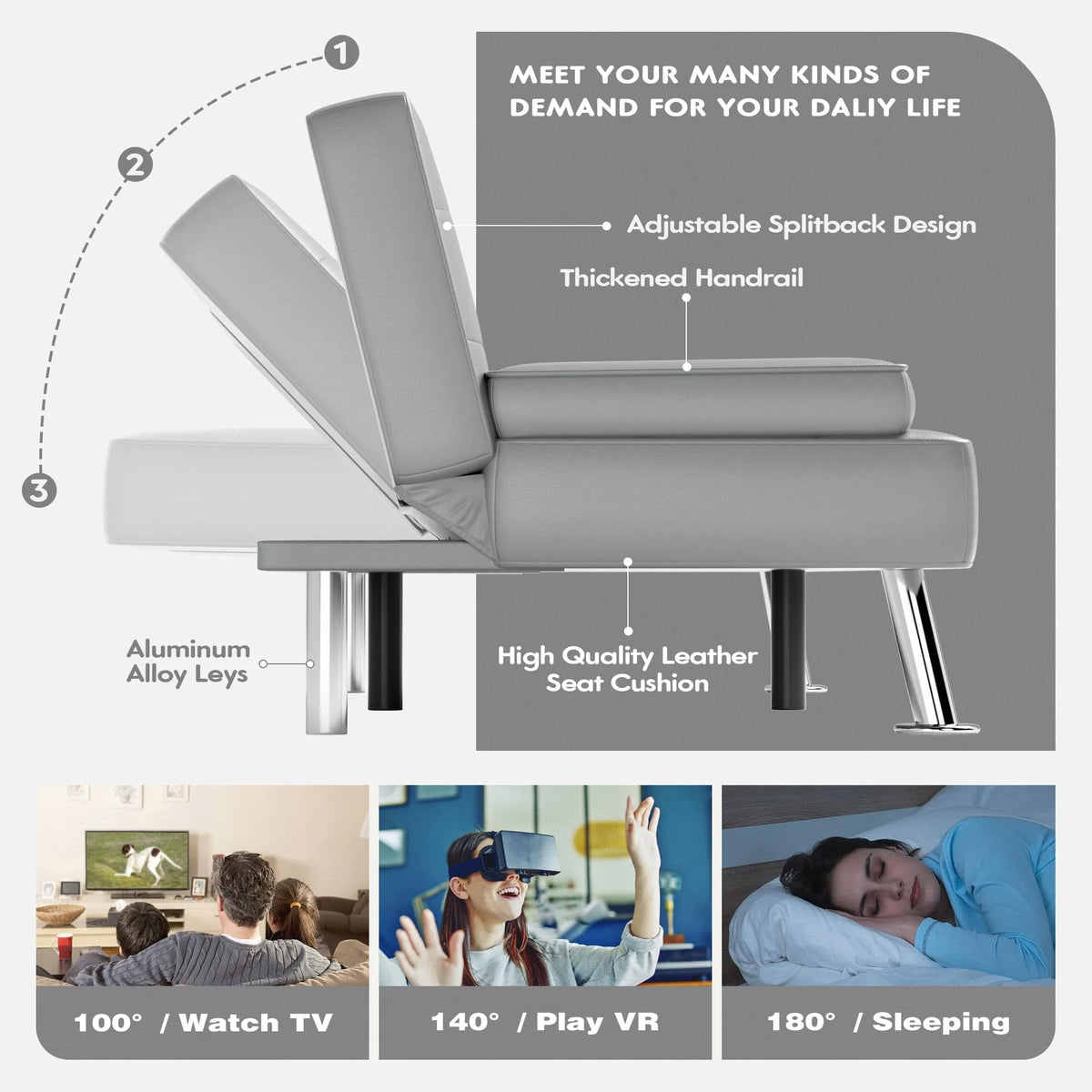 Convertible Folding Futon Sofa Bed Sleeper Couch, Faux Leather, Gray M53341