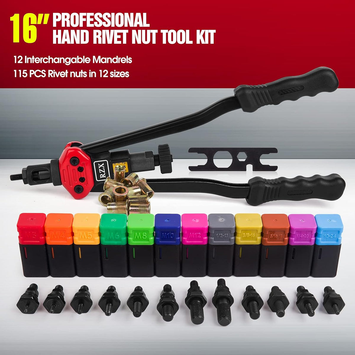 16 Rivet Nut Tool with 12 Mandrels and 115 Pcs Rivets Nuts E1913