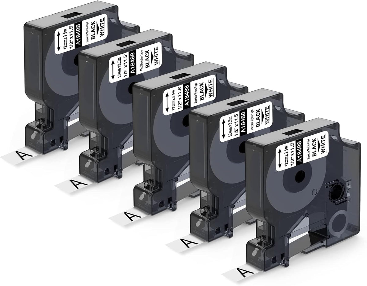Industrial Label Tape Replacement for DYMO Rhino Label Maker, Black on White, 1/2'' x 11.5', 10-Pack R149807